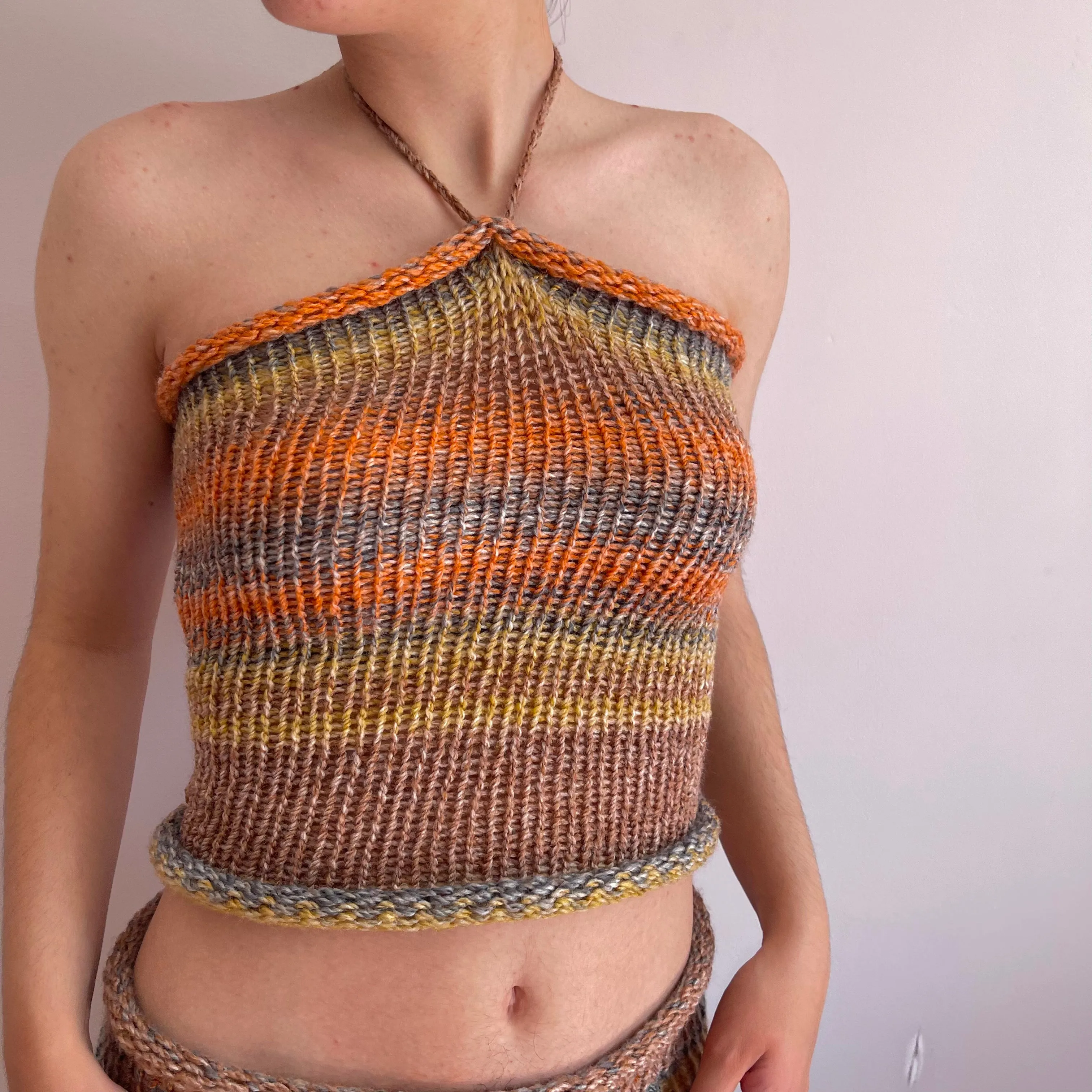 Handmade knitted halter neck top in orange, mustard yellow and grey