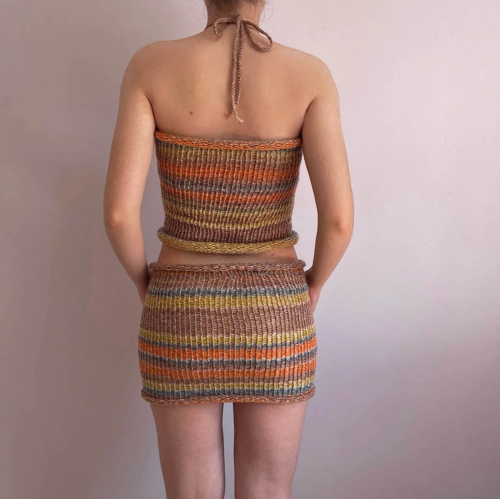 Handmade knitted halter neck top in orange, mustard yellow and grey