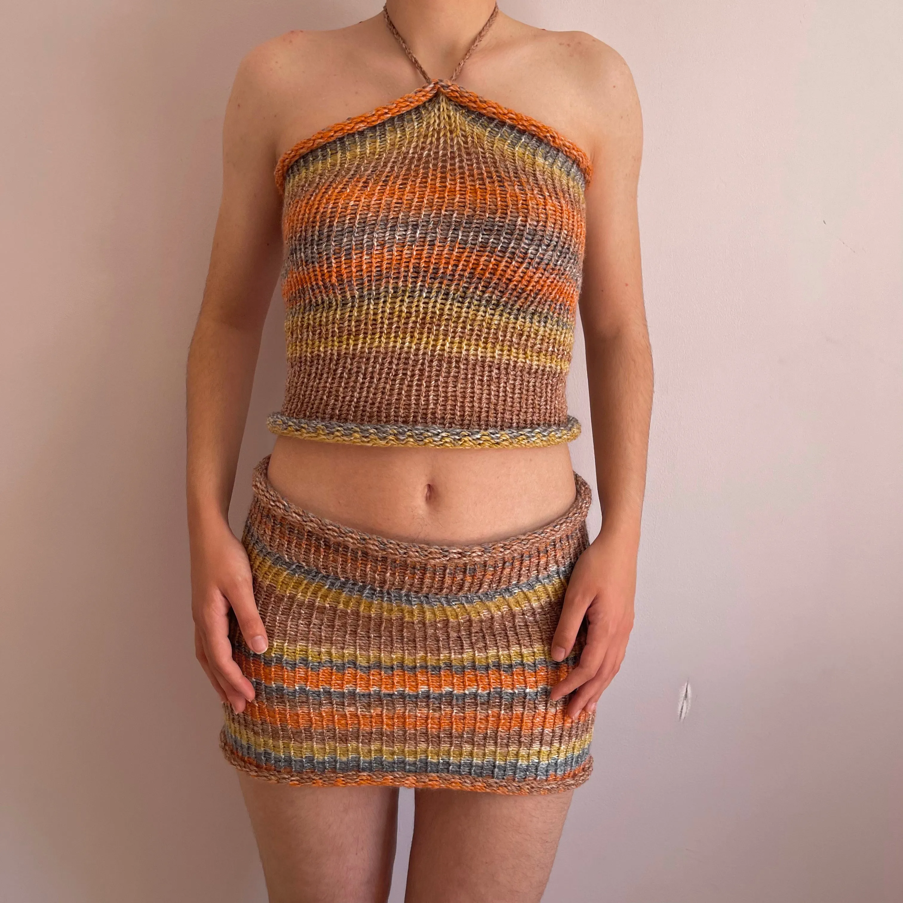 Handmade knitted halter neck top in orange, mustard yellow and grey