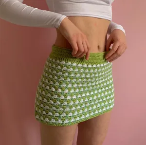 Handmade retro crochet mini skirt in green and white