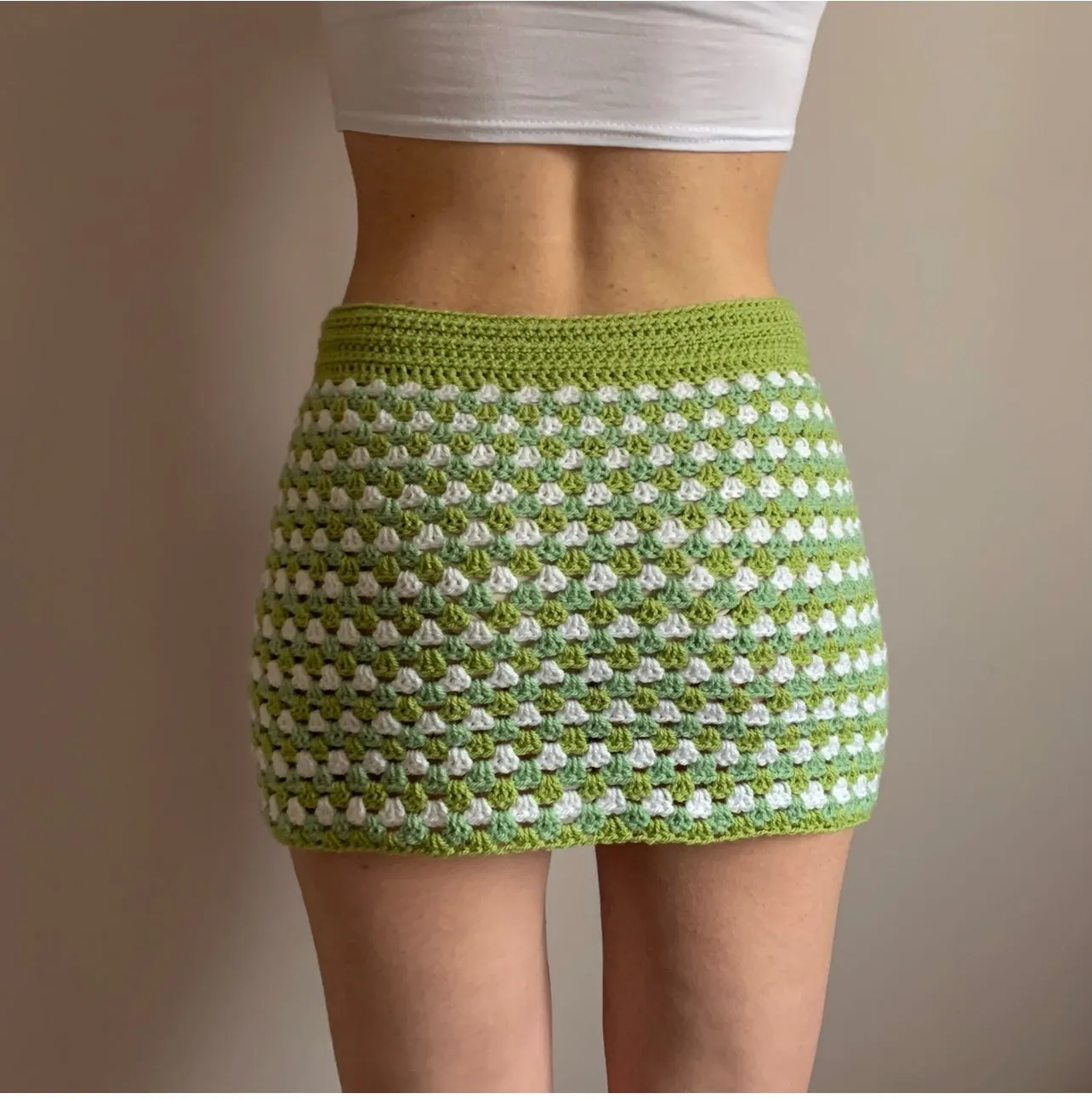 Handmade retro crochet mini skirt in green and white