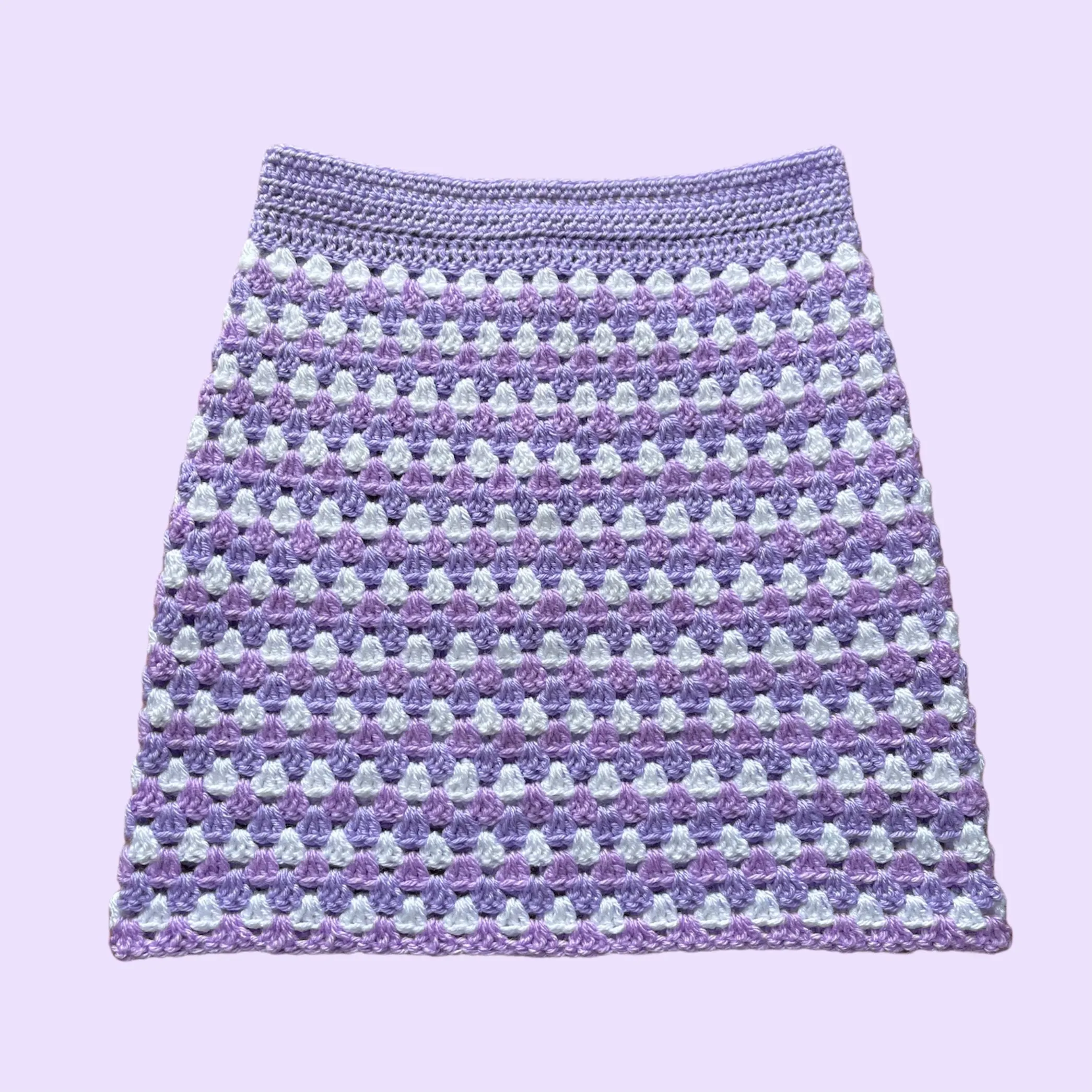 Handmade retro crochet mini skirt in lilac and white