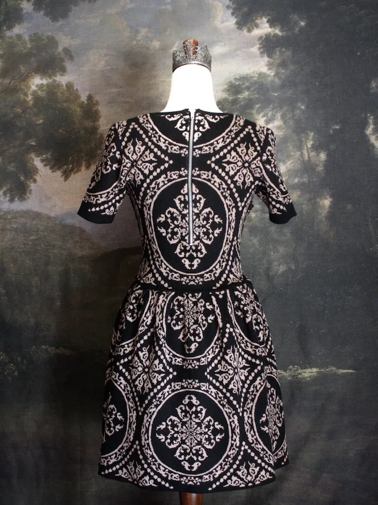 Historically Inspired Ornate Pattern Knit Mini Dress in Black - Size S-M