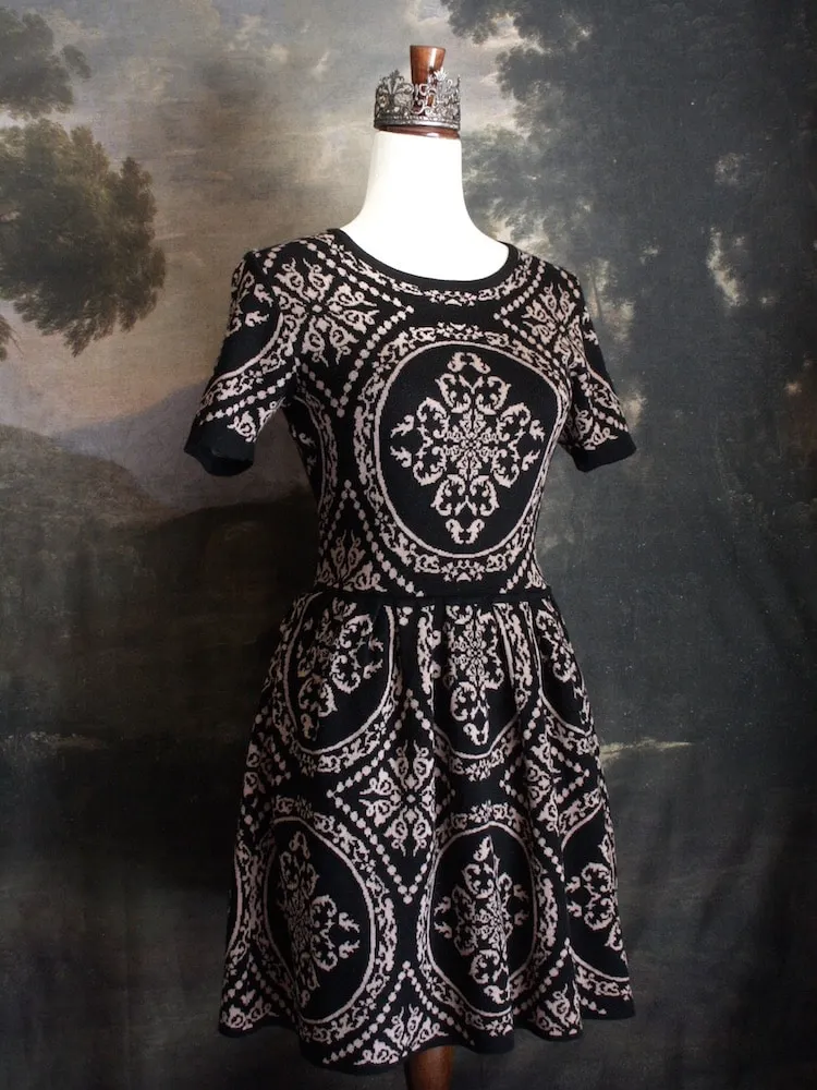 Historically Inspired Ornate Pattern Knit Mini Dress in Black - Size S-M