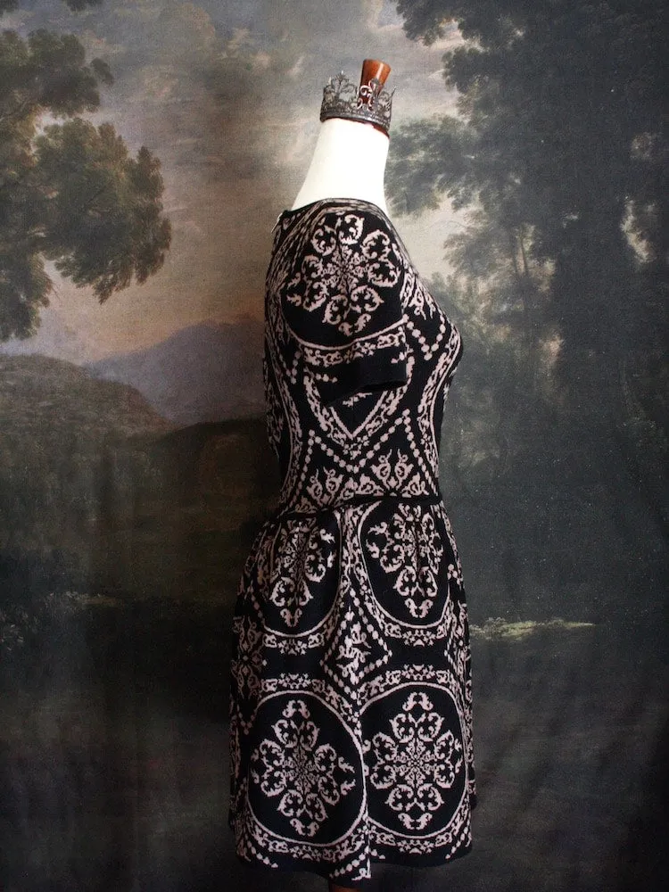 Historically Inspired Ornate Pattern Knit Mini Dress in Black - Size S-M