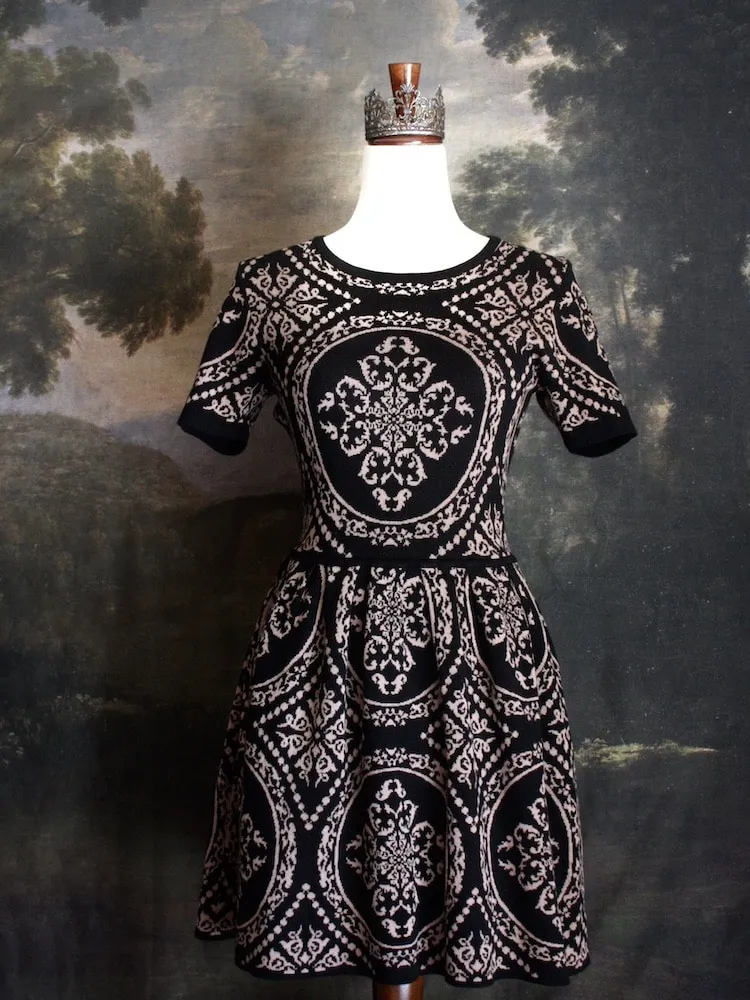 Historically Inspired Ornate Pattern Knit Mini Dress in Black - Size S-M