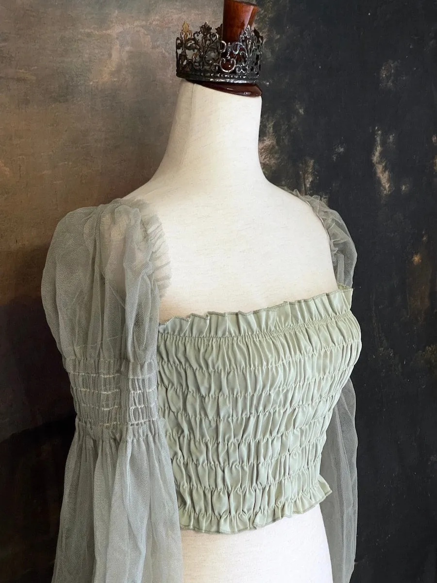 Historically Inspired Sheer Juliet Sleeve Smocked Blouse in Sage Green