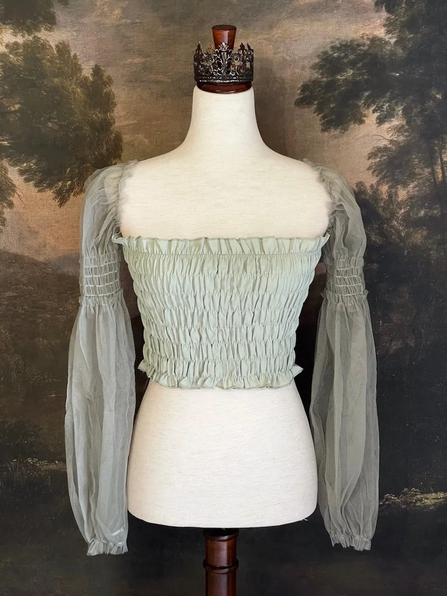 Historically Inspired Sheer Juliet Sleeve Smocked Blouse in Sage Green