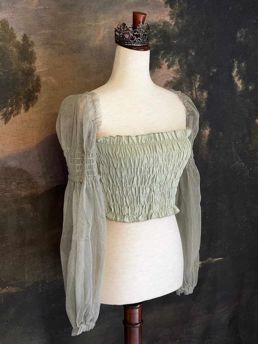 Historically Inspired Sheer Juliet Sleeve Smocked Blouse in Sage Green