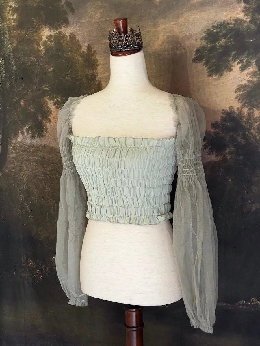 Historically Inspired Sheer Juliet Sleeve Smocked Blouse in Sage Green