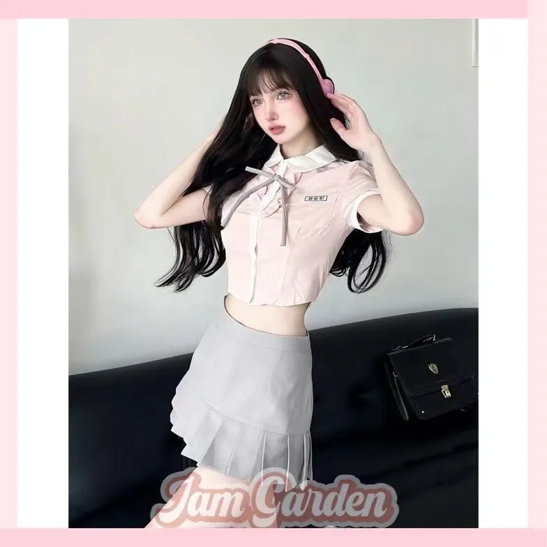 Jk Uniform Suit Summer College Style Hot Girl Pure Desire Pink Shirt Pleated Skirt Two-Piece Set