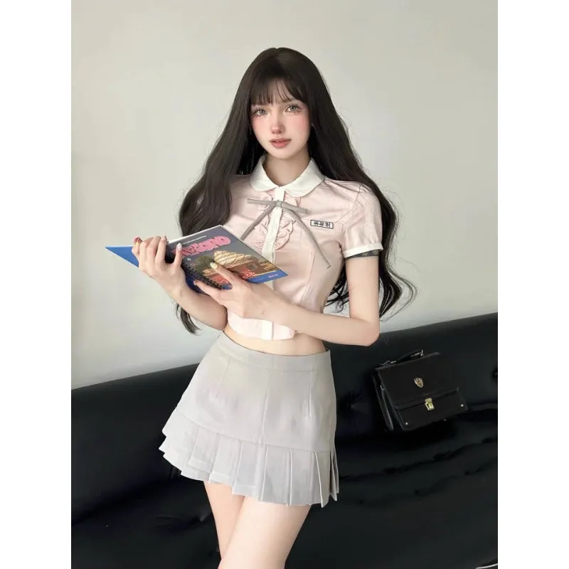 Jk Uniform Suit Summer College Style Hot Girl Pure Desire Pink Shirt Pleated Skirt Two-Piece Set