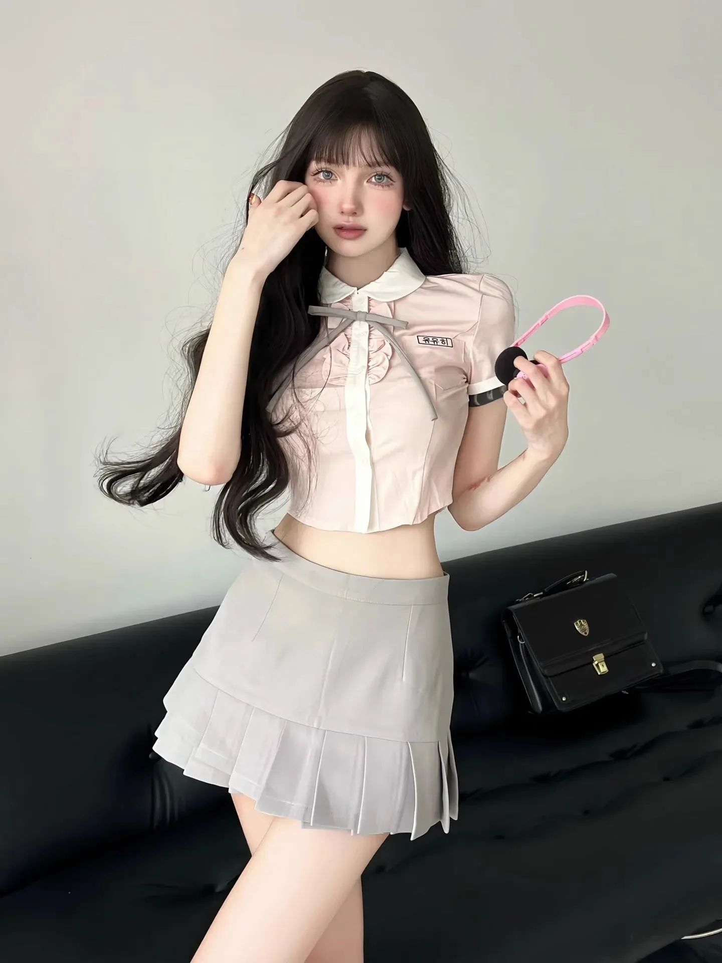 Jk Uniform Suit Summer College Style Hot Girl Pure Desire Pink Shirt Pleated Skirt Two-Piece Set