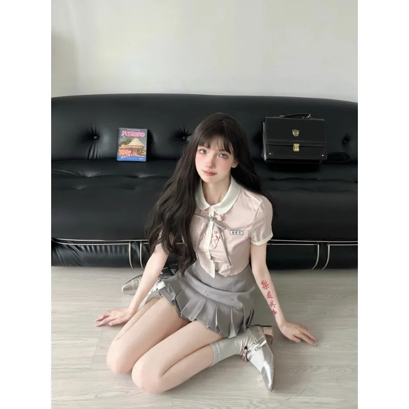 Jk Uniform Suit Summer College Style Hot Girl Pure Desire Pink Shirt Pleated Skirt Two-Piece Set