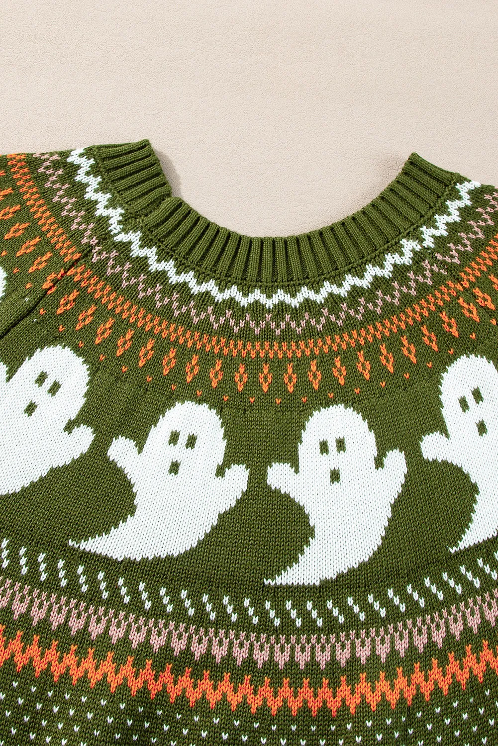 Jungle Green Halloween Ghost Pattern Drop Shoulder Sweater