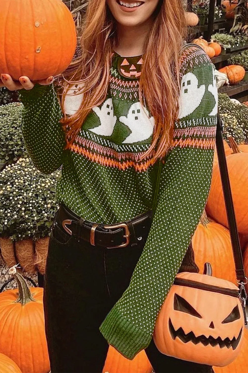 Jungle Green Halloween Ghost Pattern Drop Shoulder Sweater