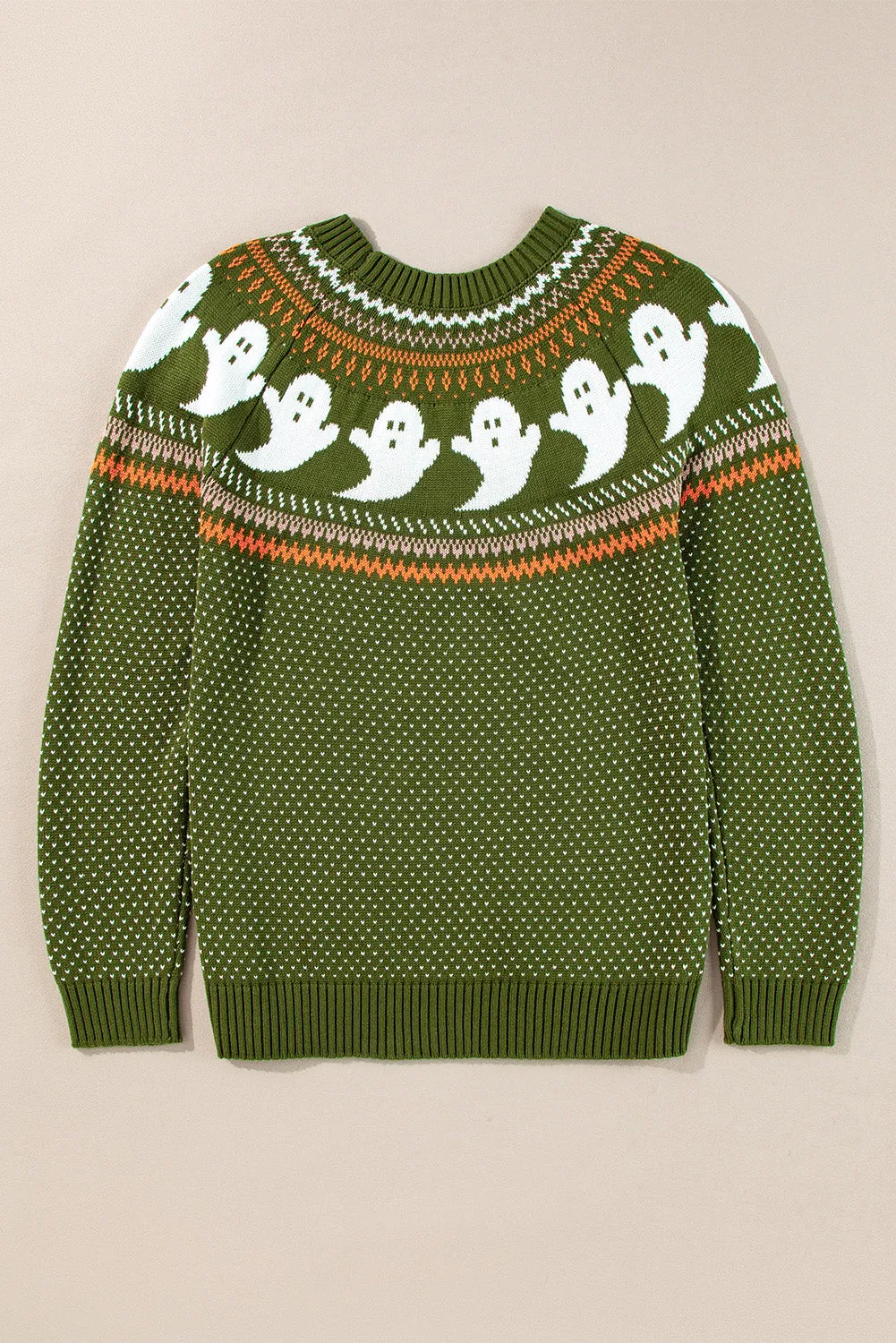 Jungle Green Halloween Ghost Pattern Drop Shoulder Sweater