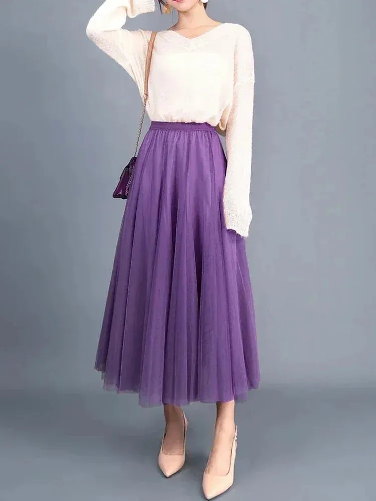 Korean Retro Solid Color Women's Half Skirt: Autumn Princess Style with 3 Layers Thin Gauze Mesh for Casual and Classic Fashion