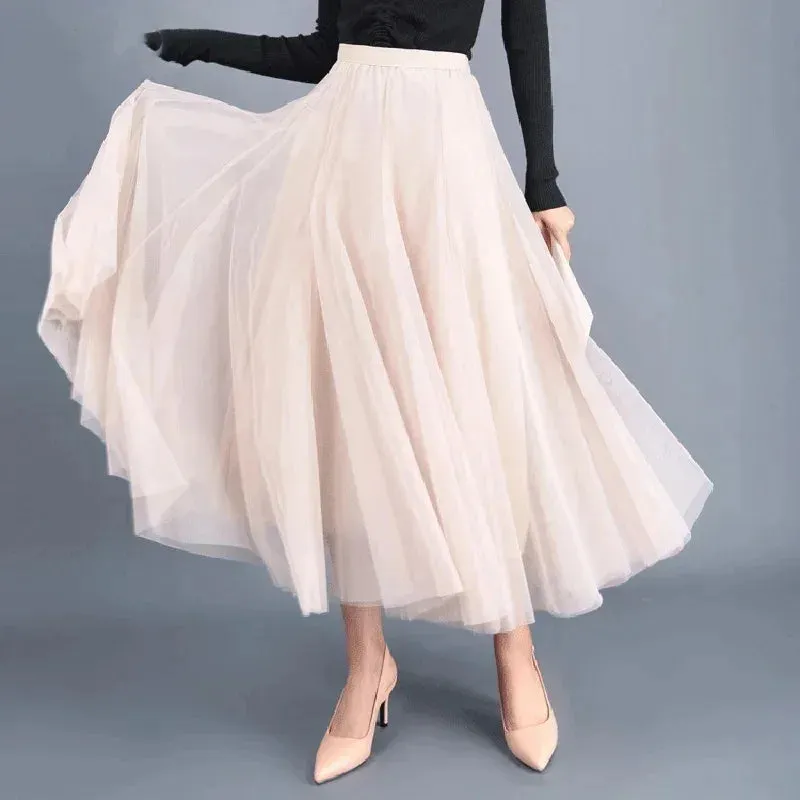 Korean Retro Solid Color Women's Half Skirt: Autumn Princess Style with 3 Layers Thin Gauze Mesh for Casual and Classic Fashion