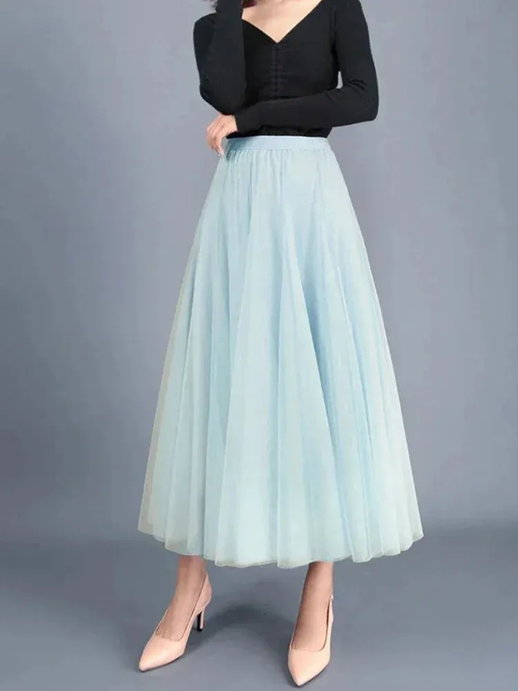 Korean Retro Solid Color Women's Half Skirt: Autumn Princess Style with 3 Layers Thin Gauze Mesh for Casual and Classic Fashion