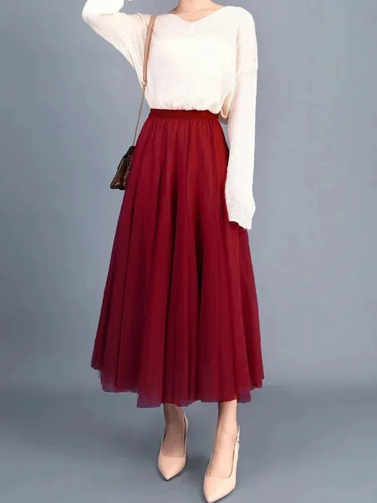 Korean Retro Solid Color Women's Half Skirt: Autumn Princess Style with 3 Layers Thin Gauze Mesh for Casual and Classic Fashion