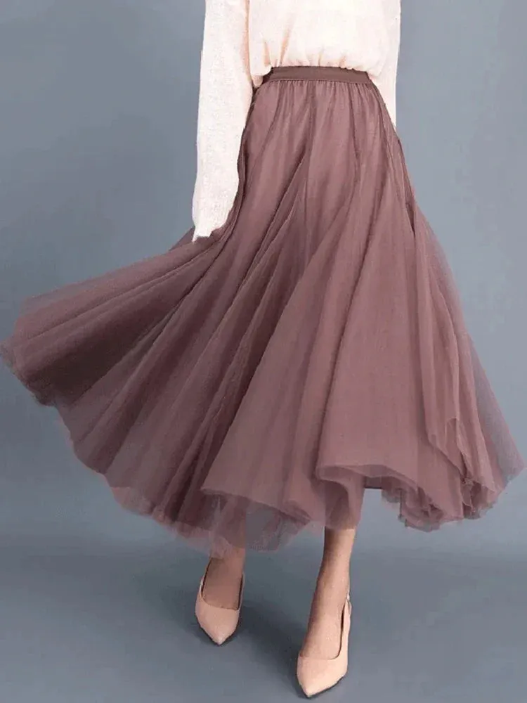 Korean Retro Solid Color Women's Half Skirt: Autumn Princess Style with 3 Layers Thin Gauze Mesh for Casual and Classic Fashion