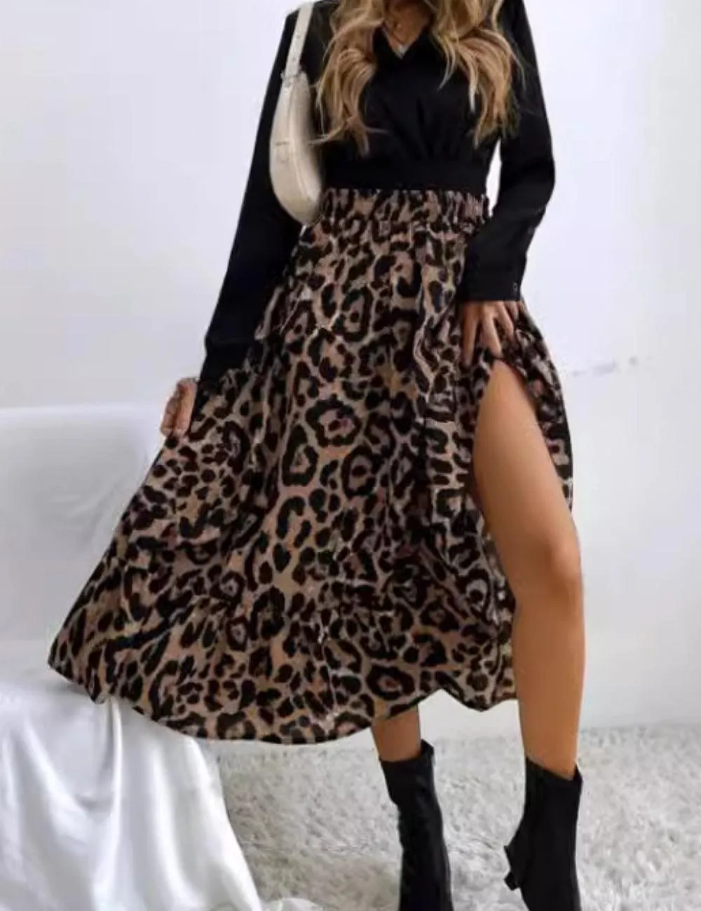 Ladies Leopard Print Ruffle Hem Midi Skirt GG009