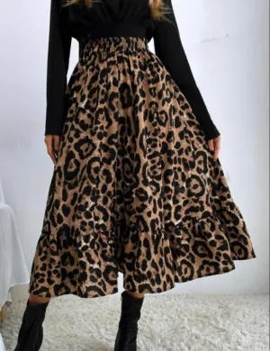 Ladies Leopard Print Ruffle Hem Midi Skirt GG009