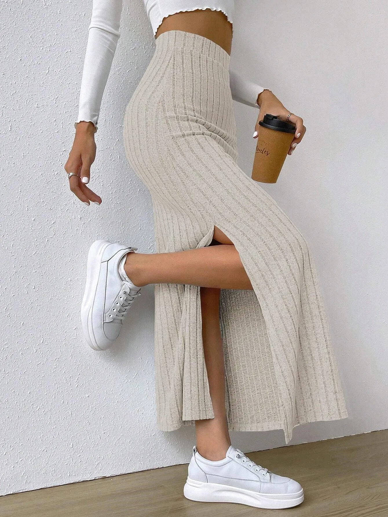 Ladies Solid High Waist Side Split Knit Long Skirt G1013