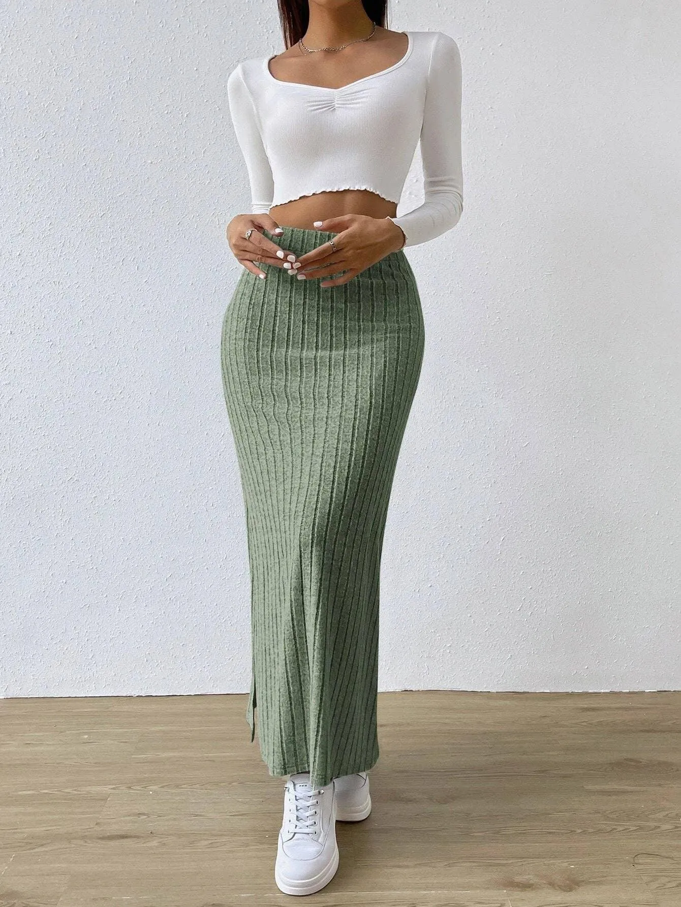 Ladies Solid High Waist Side Split Knit Long Skirt G1013