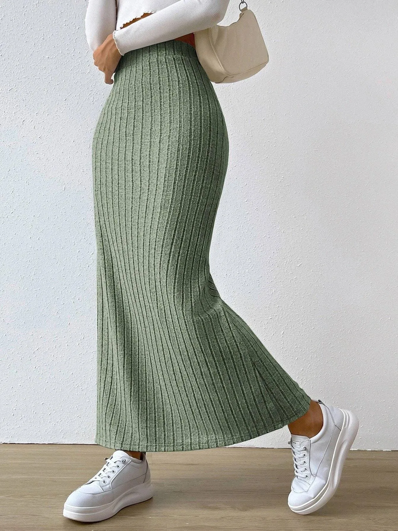 Ladies Solid High Waist Side Split Knit Long Skirt G1013