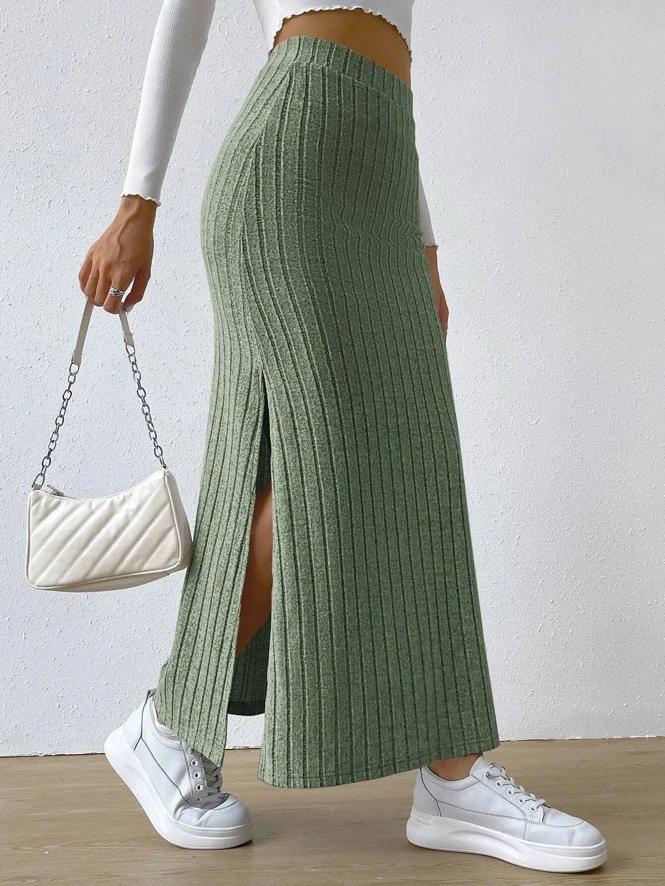 Ladies Solid High Waist Side Split Knit Long Skirt G1013