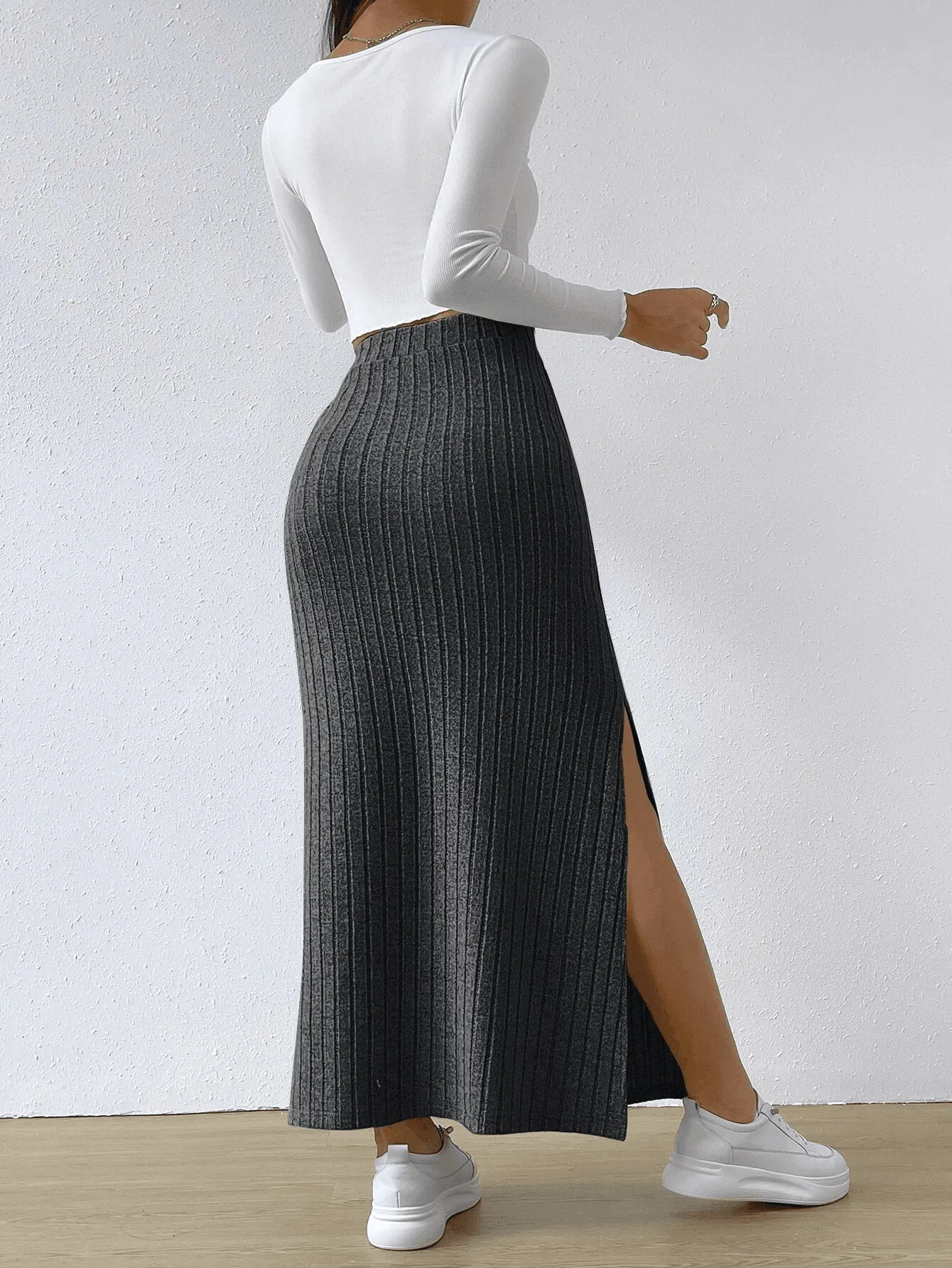 Ladies Solid High Waist Side Split Knit Long Skirt G1013