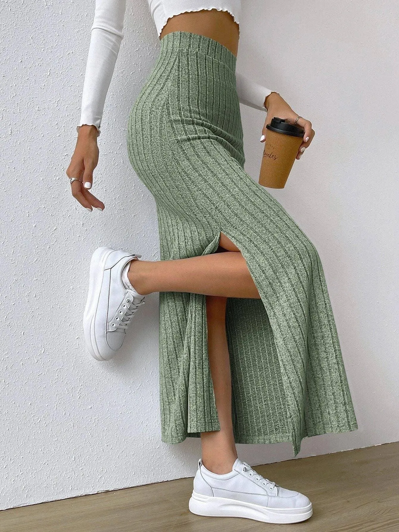 Ladies Solid High Waist Side Split Knit Long Skirt G1013