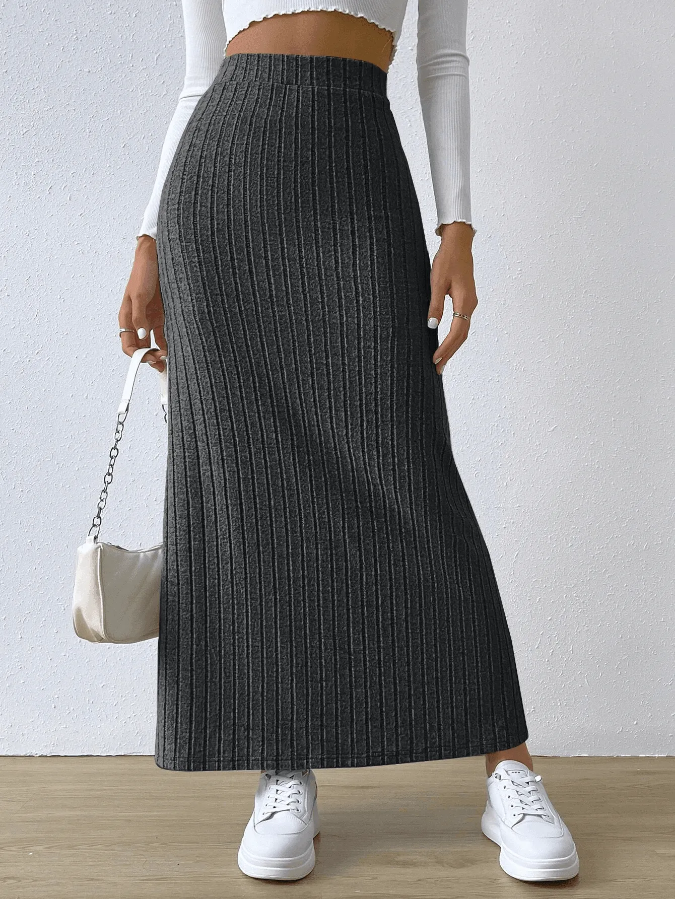 Ladies Solid High Waist Side Split Knit Long Skirt G1013