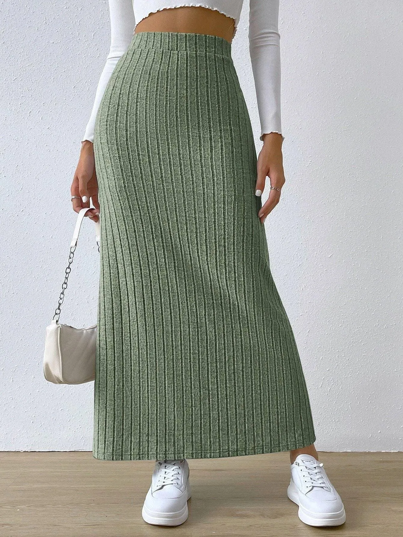 Ladies Solid High Waist Side Split Knit Long Skirt G1013