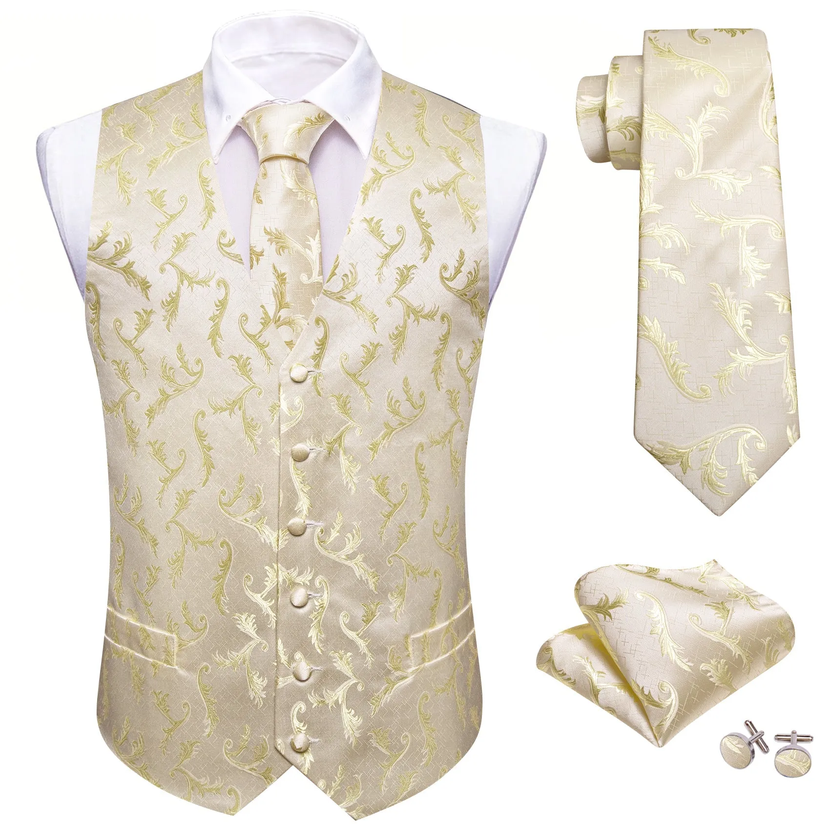 LemonChiffon Floral Silk Men's Vest Hanky Cufflinks Tie Set