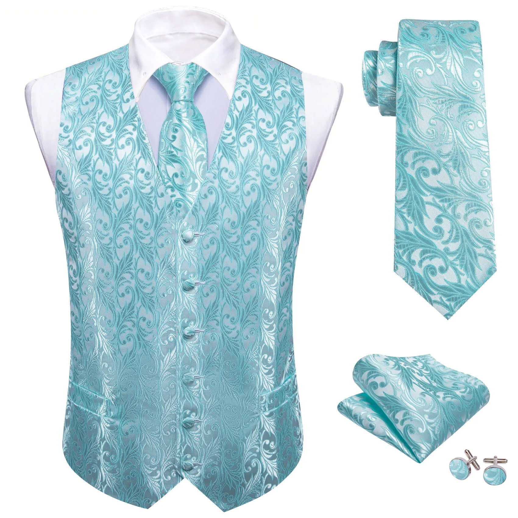 Light Blue Formal Floral Jacquard  Men's Vest Tie Hanky Cufflinks Silk Set