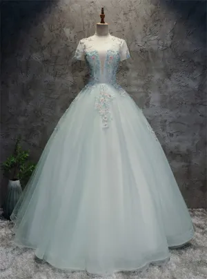 Light Blue Tulle Backless Short Sleeve Appliques Quinceanera Dress