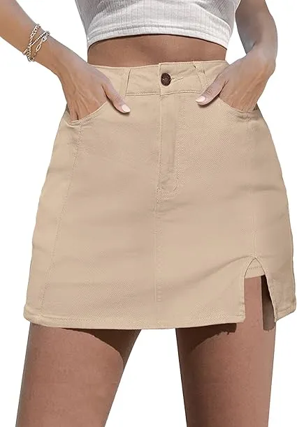 Light Khaki Frayed Hem Washed Denim Mini Skirt