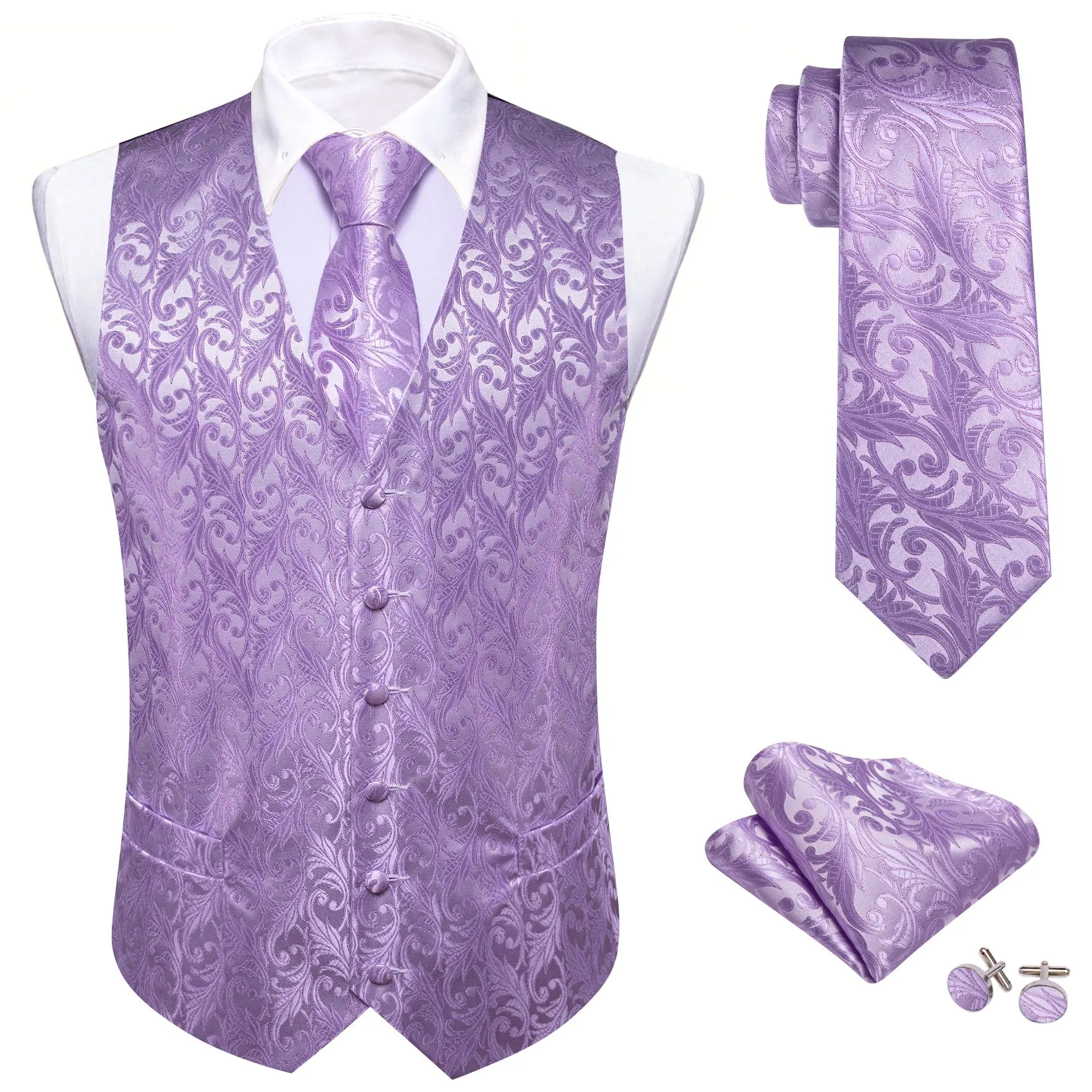 Light Purple  Formal Floral Jacquard  Men's Vest Tie Hanky Cufflinks Silk Set