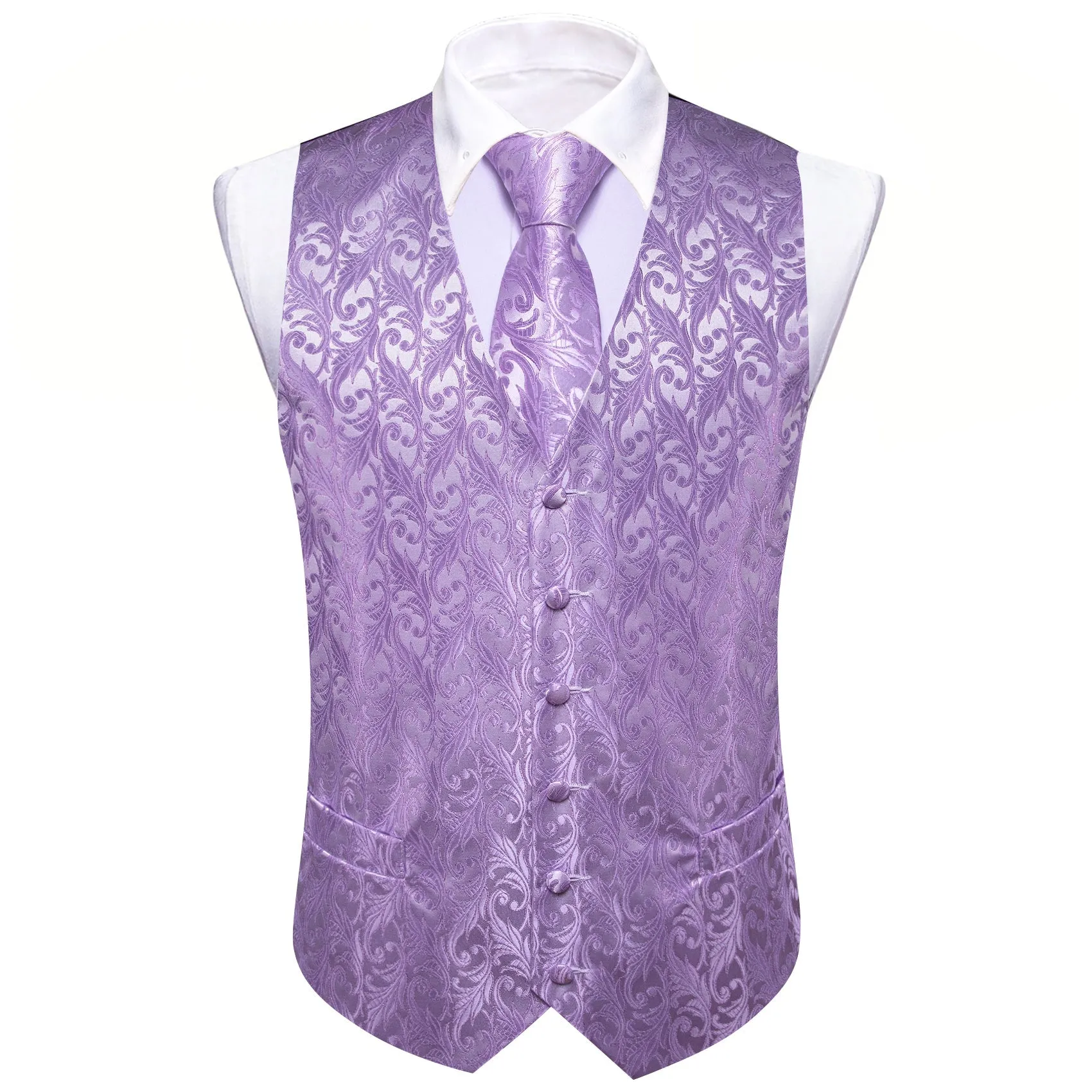 Light Purple  Formal Floral Jacquard  Men's Vest Tie Hanky Cufflinks Silk Set