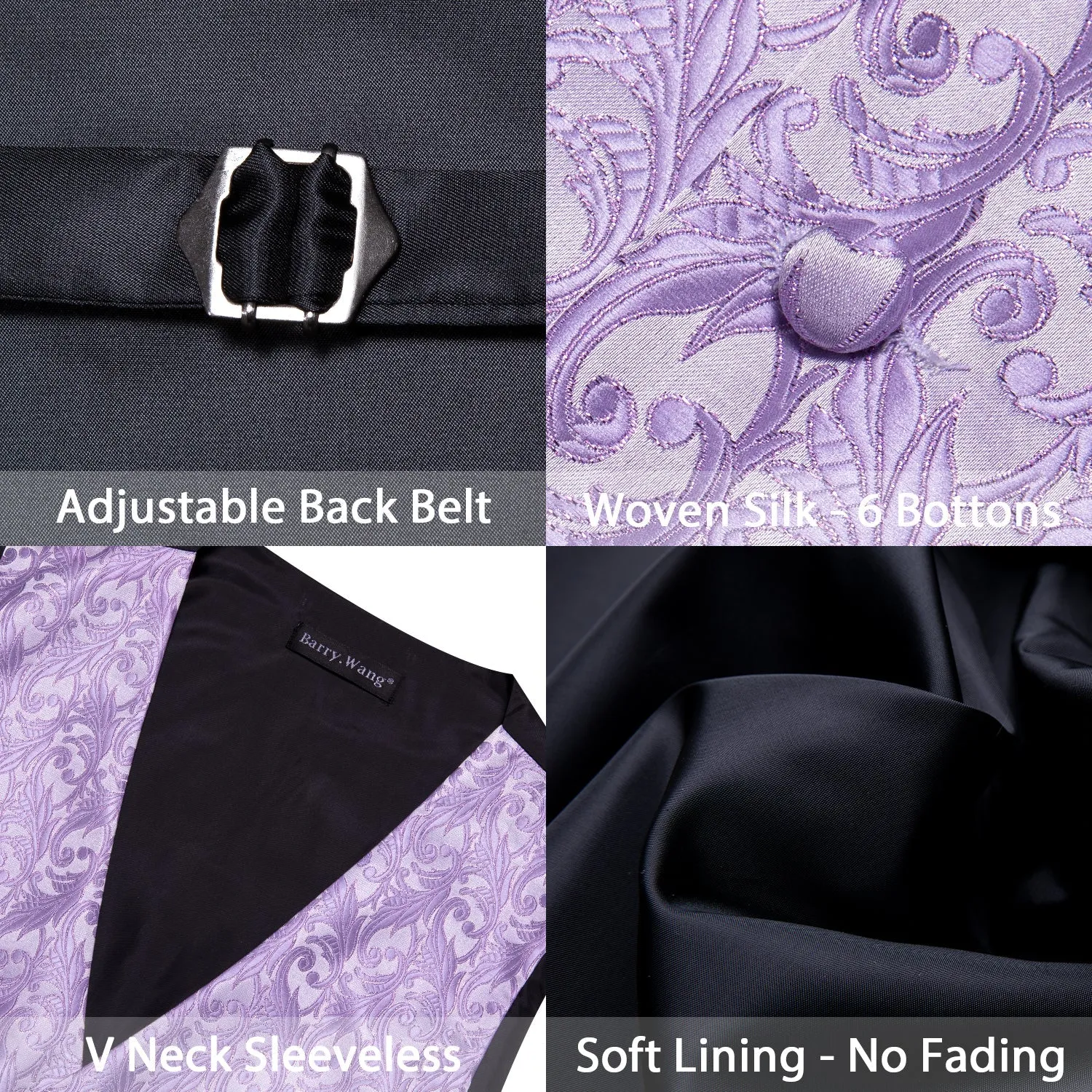 Light Purple  Formal Floral Jacquard  Men's Vest Tie Hanky Cufflinks Silk Set