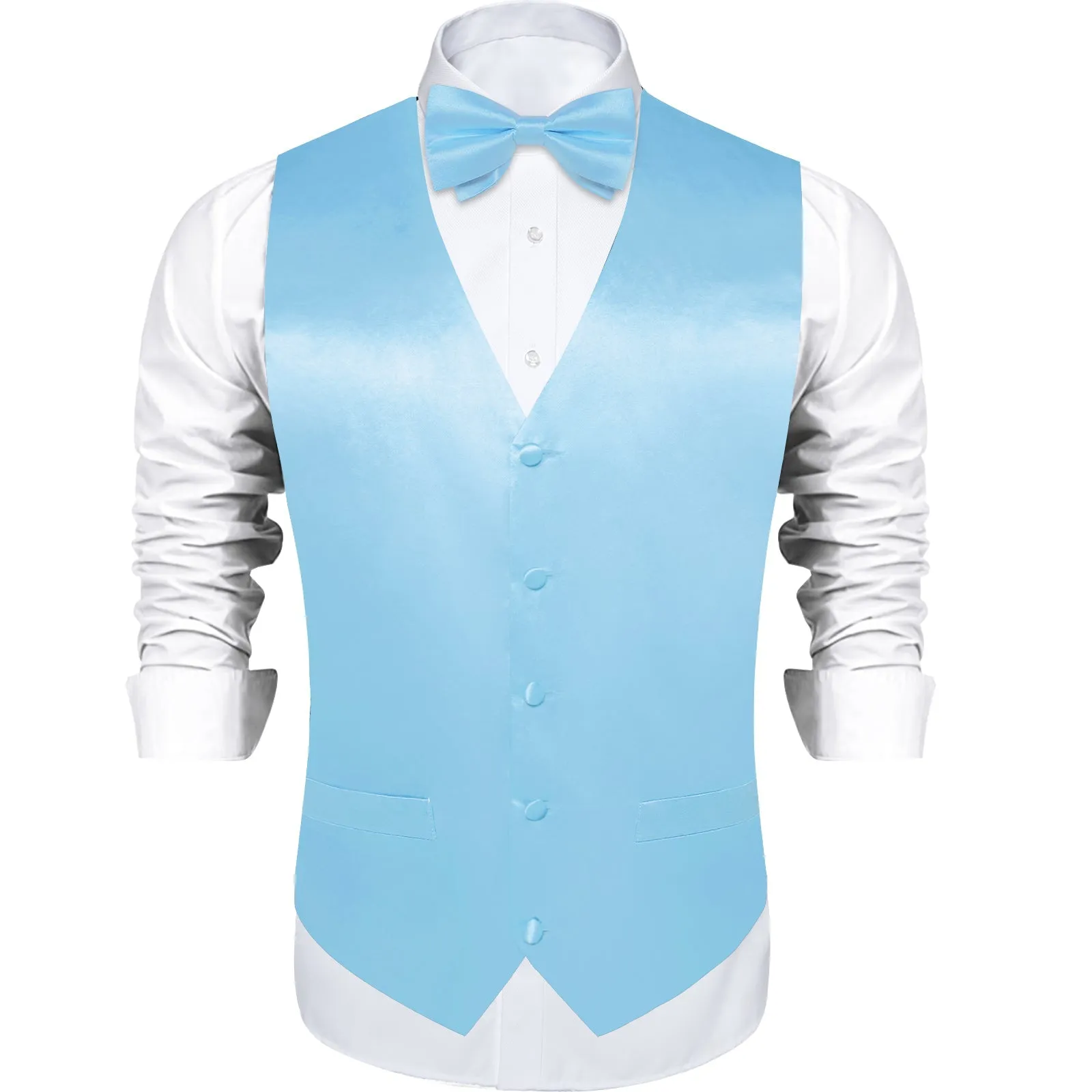 LightSkyBlue Solid Silk Men's Vest Hanky Cufflinks Bow Tie Set