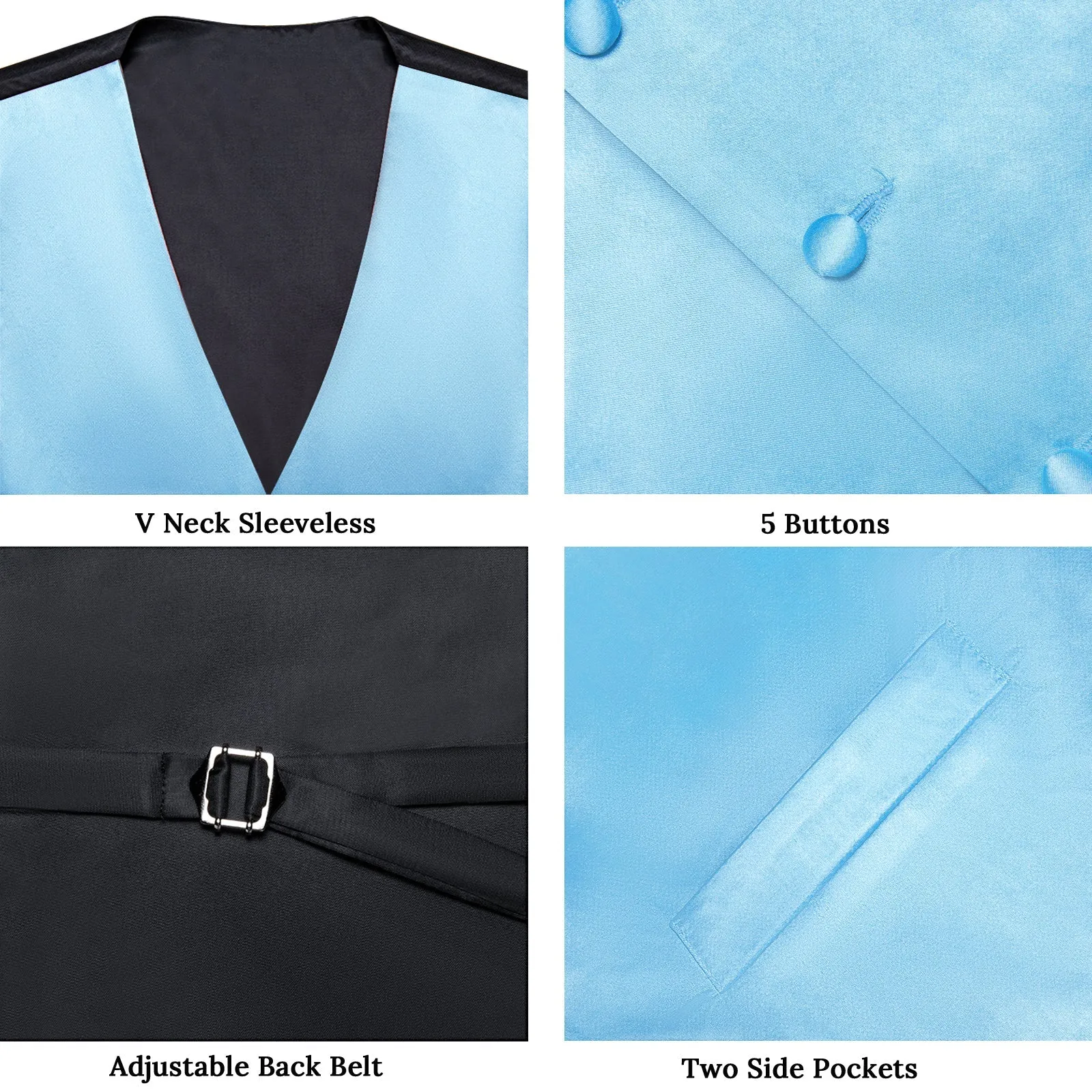 LightSkyBlue Solid Silk Men's Vest Hanky Cufflinks Bow Tie Set