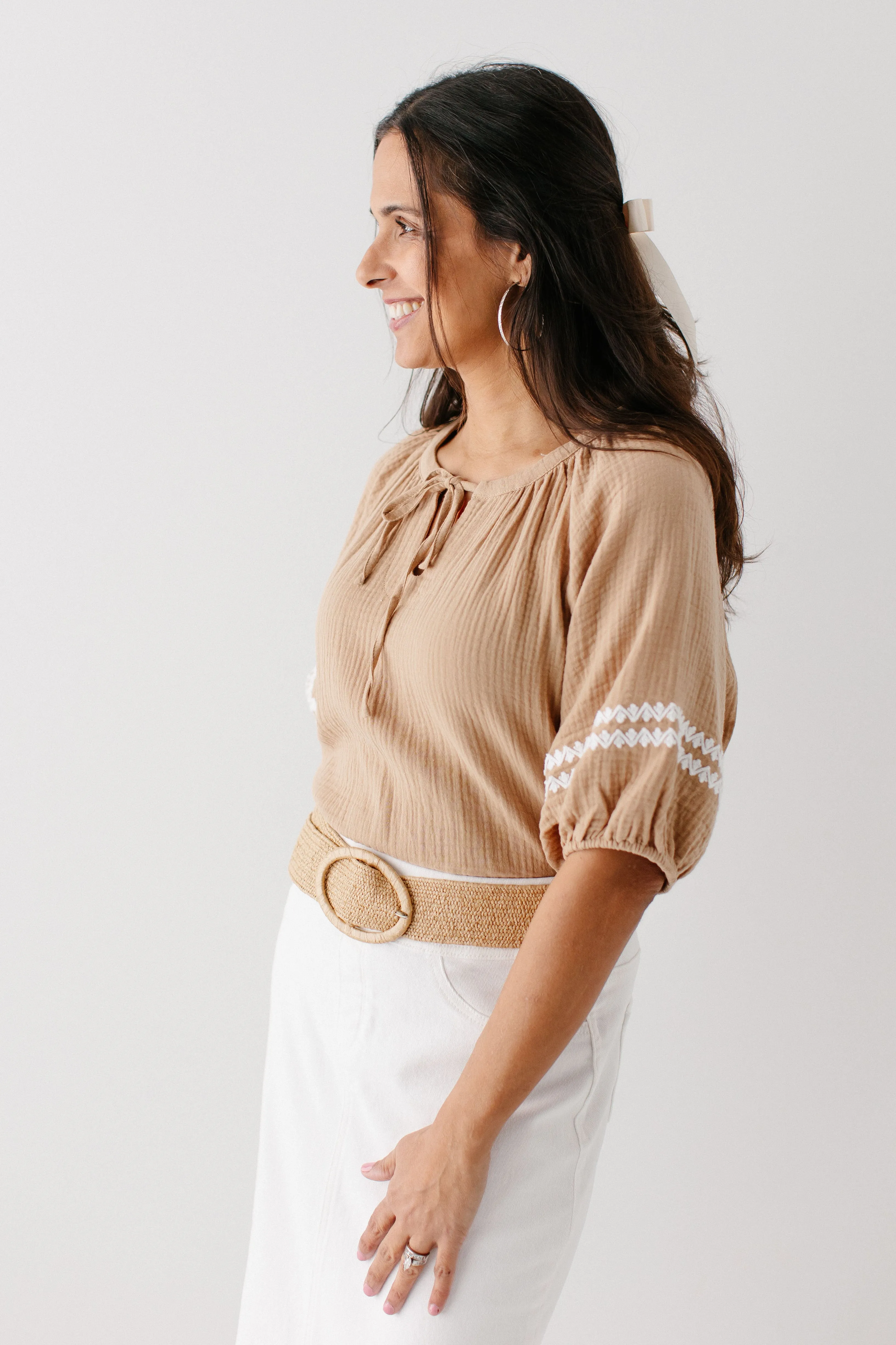 'Lola' Embroidered Bubble Sleeve Cotton Gauze Top in Mocha FINAL SALE