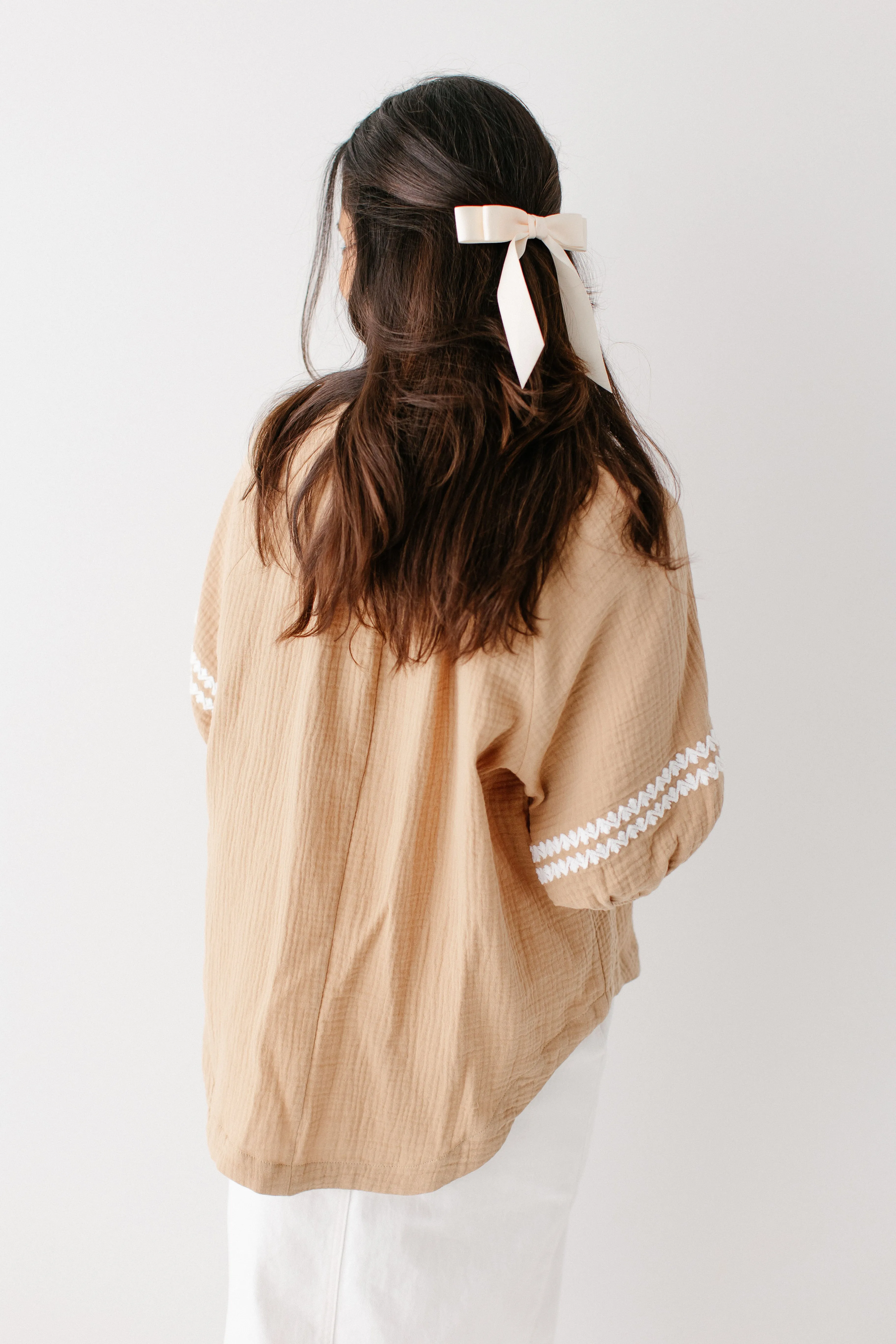 'Lola' Embroidered Bubble Sleeve Cotton Gauze Top in Mocha FINAL SALE