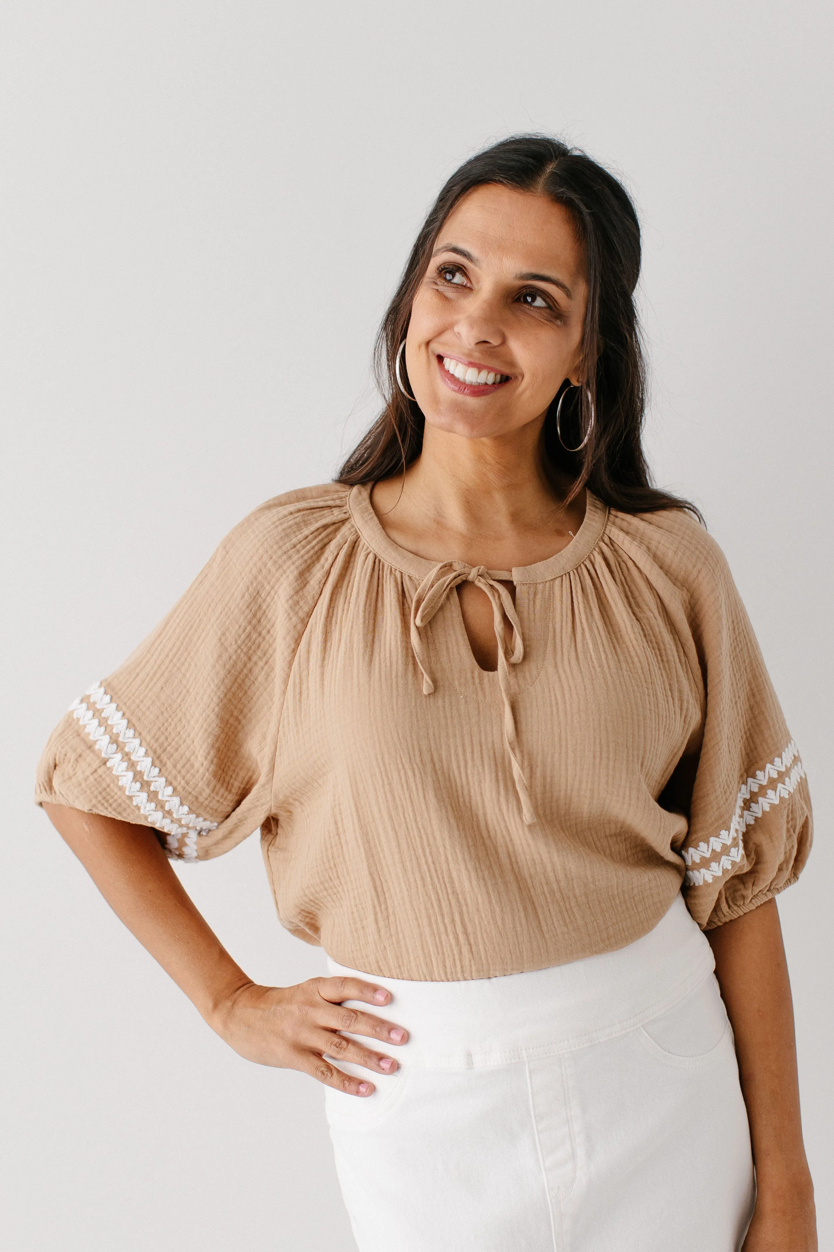 'Lola' Embroidered Bubble Sleeve Cotton Gauze Top in Mocha FINAL SALE