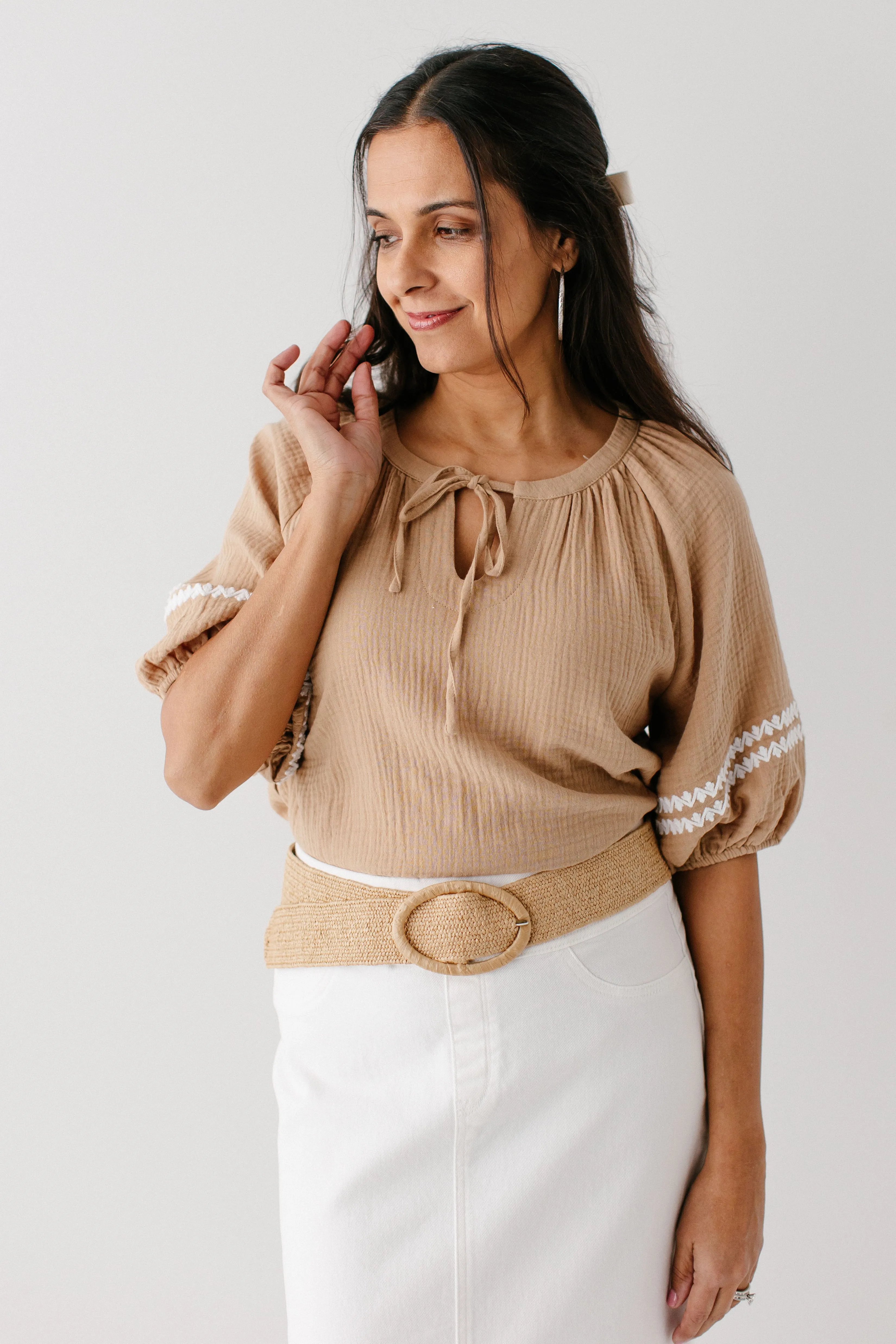 'Lola' Embroidered Bubble Sleeve Cotton Gauze Top in Mocha FINAL SALE