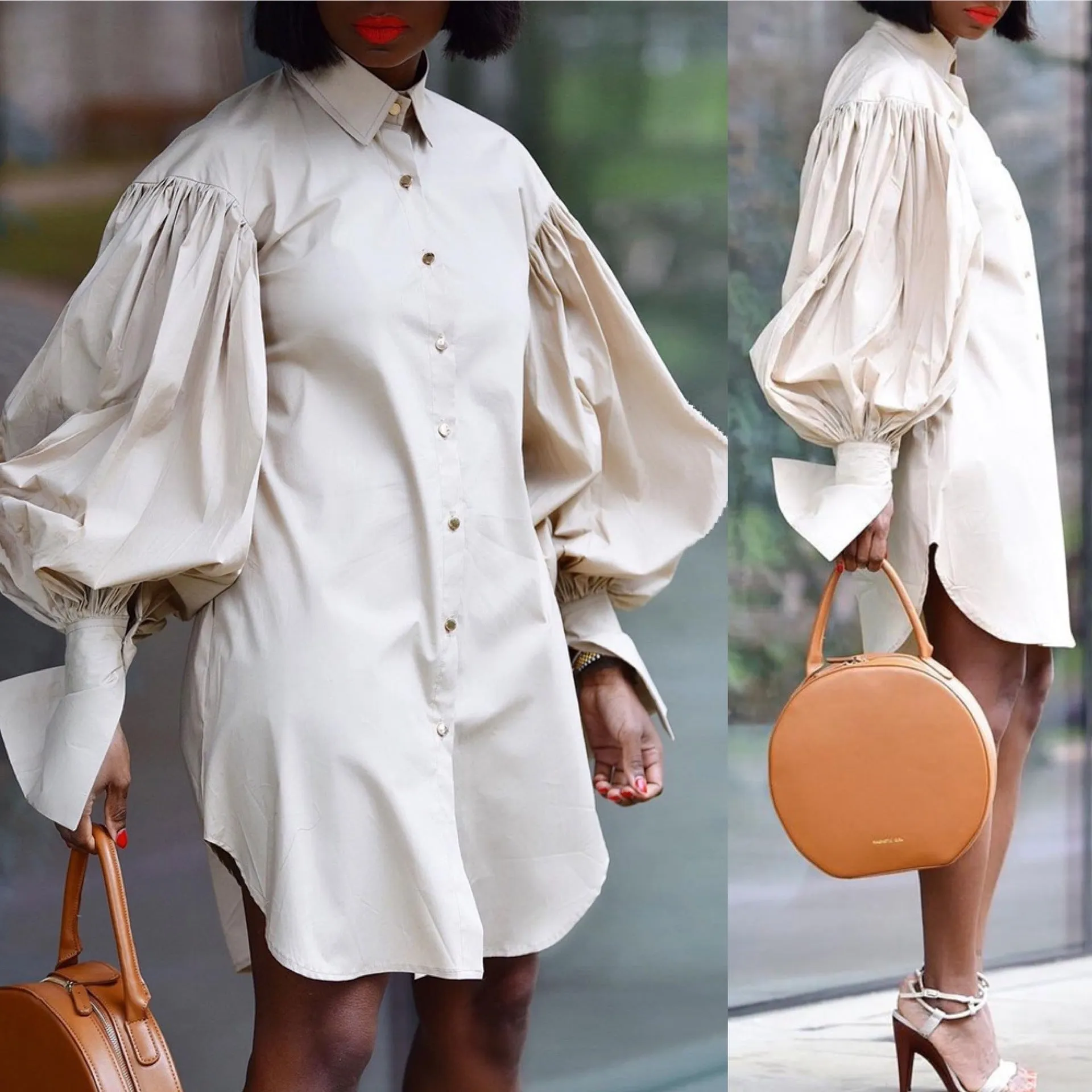 Loose Puff Sleeve Solid Color Lapel Long Sleeve Shirt Dress